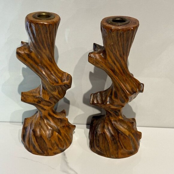Vintage Natural Wood Raw Edge Tree Trunk Wood Candlestick Holder Brown Size 4"x1 - Picture 1 of 10